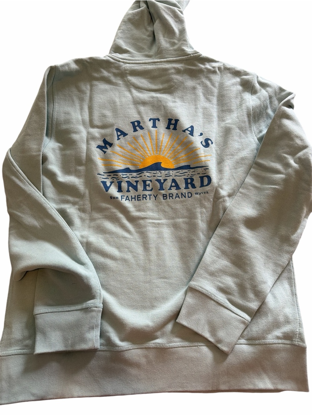 NWOT Faherty Light Sage Graphic Pullover Hoodie with Navy & Yellow Print large.